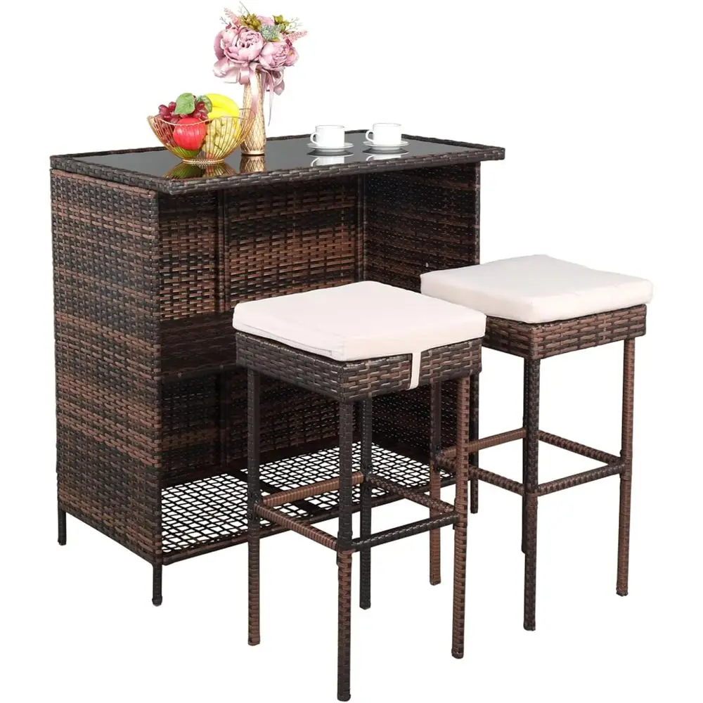 Brown Wicker Outdoor Patio Bar Set with Glass Top Table and Cushioned Stools for Garden, Poolside, and Porch
Brown Wicker Outdoor Patio Bar Set with Glass Top Table and Cushioned Stools for Garden, Poolside, and Porch