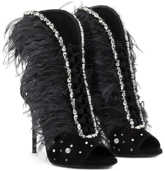 Peep Toe Suede Rhinestone-Embellished Feather Stiletto Ankle Boots Solid Front Cross Strap Lace Up Women's High Heels Shoes
Peep Toe Suede Rhinestone-Embellished Feather Stiletto Ankle Boots Solid Front Cross Strap Lace Up Women's High Heels Shoes