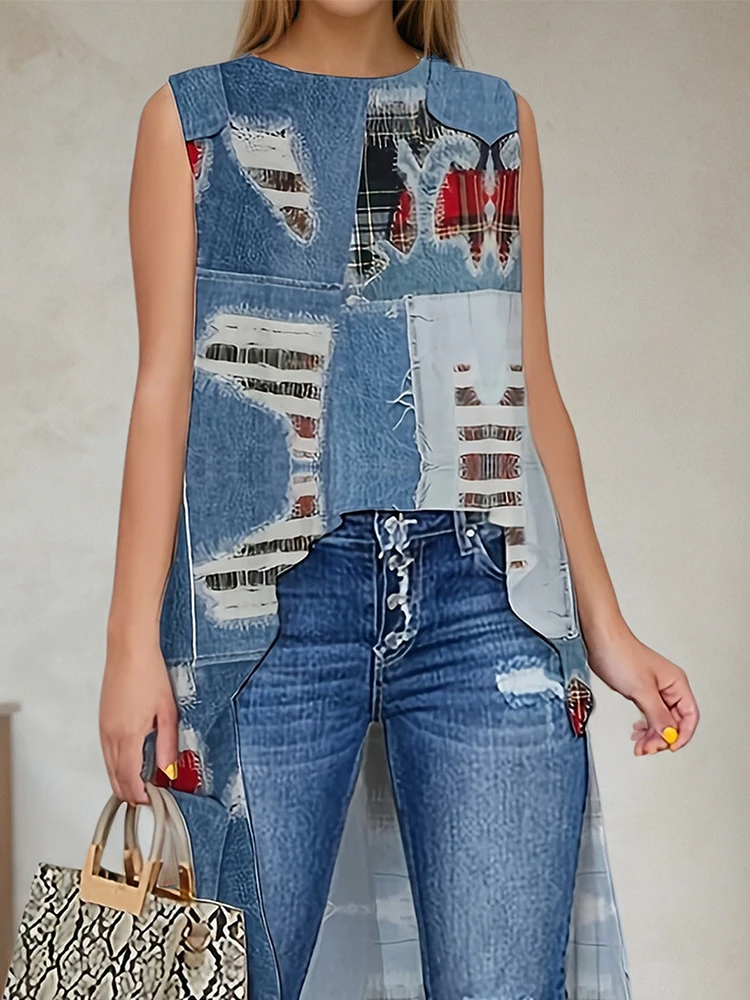 Women's Imitation Denim T shirt Round Neck Sleeveless Splicing Irregular Hem Printing Shirt Casual Tee Tops High Street Y2K Top
Women's Imitation Denim T shirt Round Neck Sleeveless Splicing Irregular Hem Printing Shirt Casual Tee Tops High Street Y2K Top