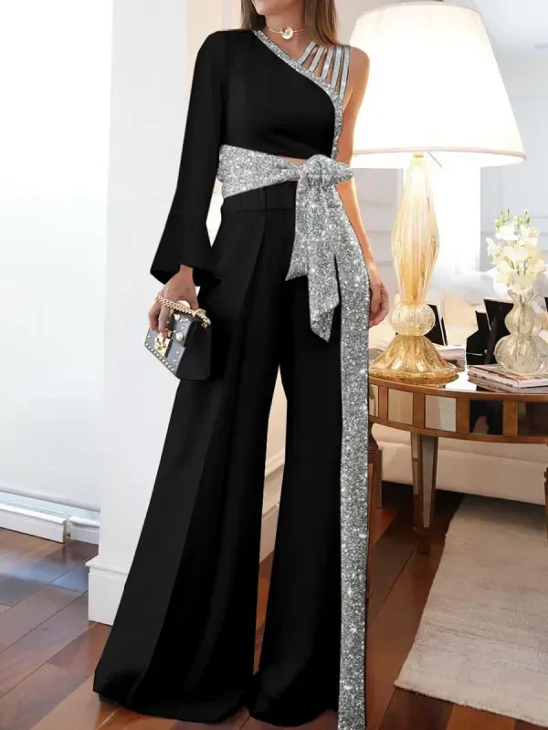 Jumpsuits Women Sequins Splice Wide Leg Pants Casual One Shoulder Irregular High Waist Lace Up Rompers Loose Summer 2025
Jumpsuits Women Sequins Splice Wide Leg Pants Casual One Shoulder Irregular High Waist Lace Up Rompers Loose Summer 2025