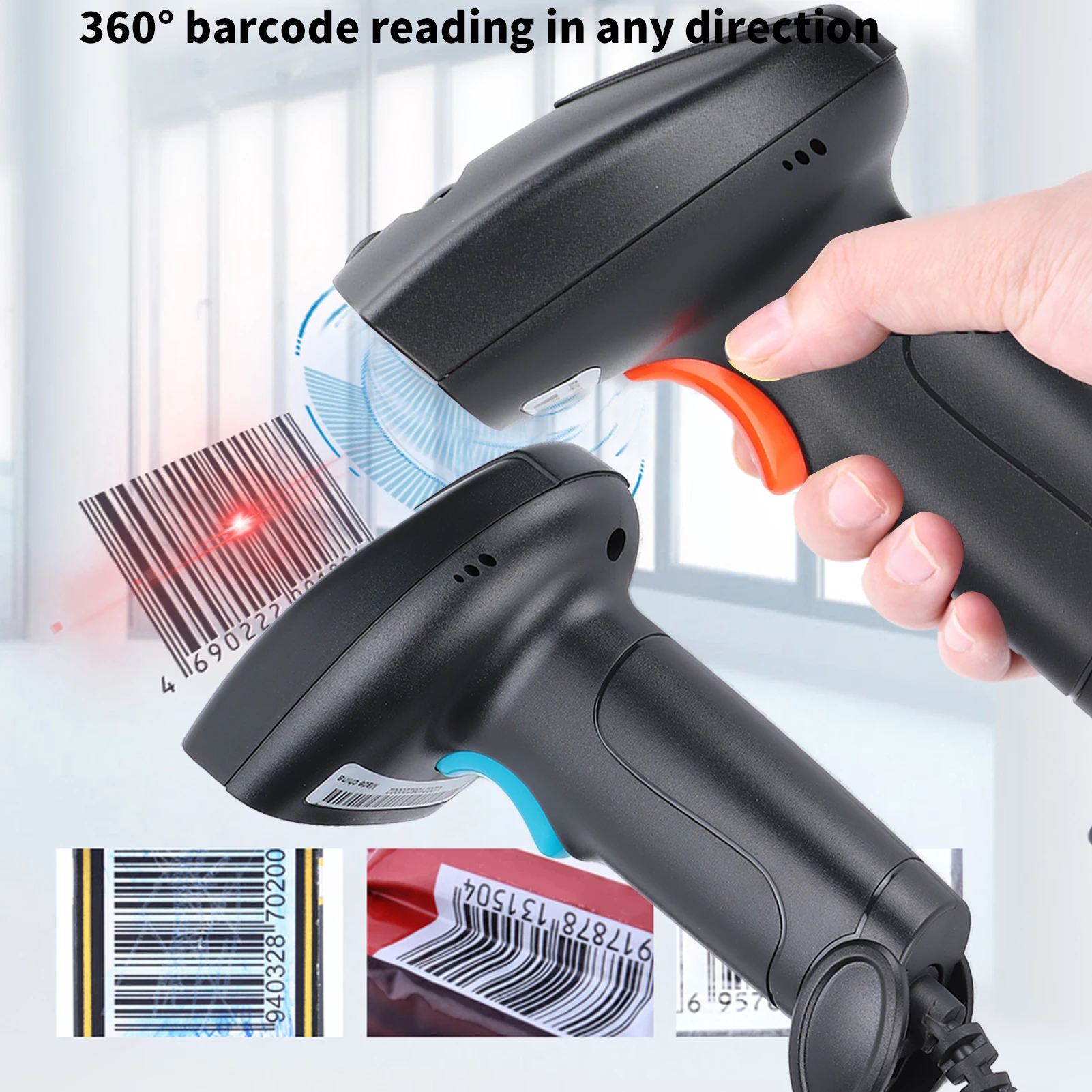 Barcode Scanner Handheld 360° Reading Dustproof Waterproof Wireless QR USB Reader Hand‑Held Barcode Scanner