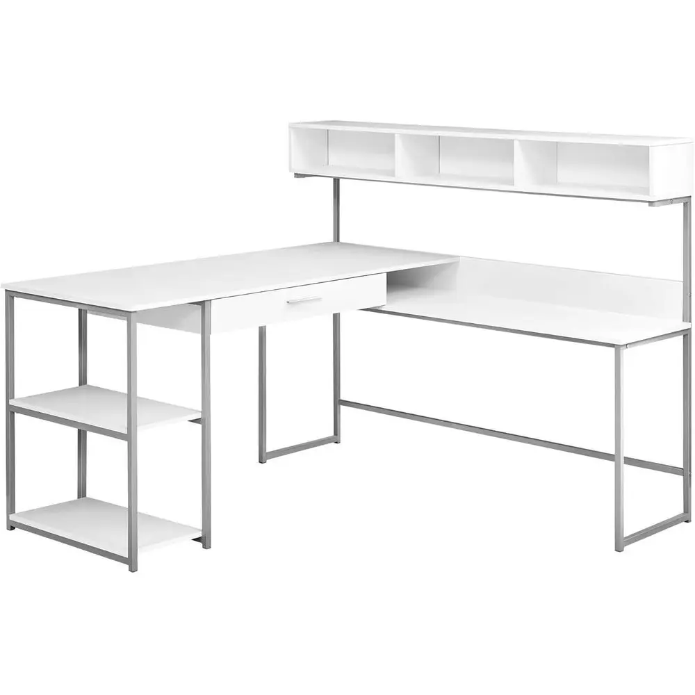 60 L-Shaped Desk with Storage Shelves, White/Silver Finish for Home or Office
60 L-Shaped Desk with Storage Shelves, White/Silver Finish for Home or Office