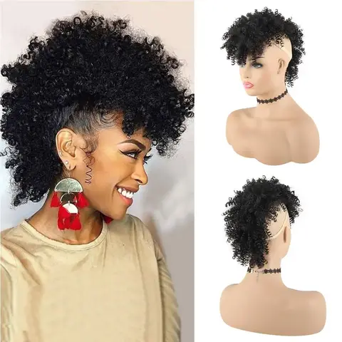 Tereshar Afro High Puff Synthetic Ponytail with Bangs Short Kinky Curly Ponytails Mohawk Ponytail Bun with Bangs for Black Women