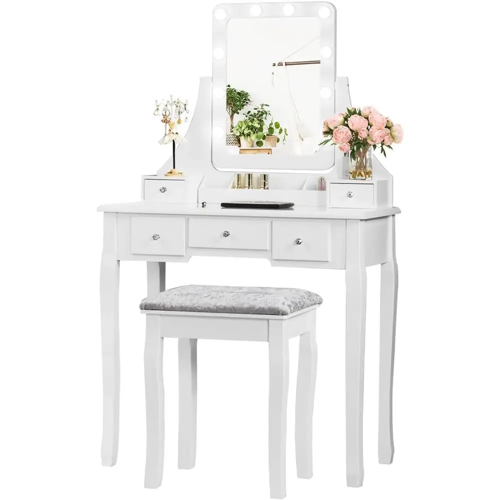 360-Degree Swivel Mirror Vanity Set with Cushioned Stool, LED-lit Makeup Table, White
360-Degree Swivel Mirror Vanity Set with Cushioned Stool, LED-lit Makeup Table, White