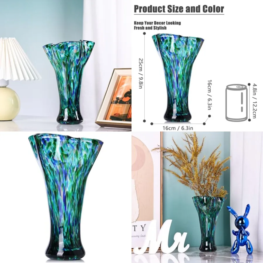 9.8" Tall Teal Blue Hand Blown Glass Vases for Home Decor, Modern Wide Mouth Ruffle Flower Vase Table Centerpieces, Colored Coa
9.8" Tall Teal Blue Hand Blown Glass Vases for Home Decor, Modern Wide Mouth Ruffle Flower Vase Table Centerpieces, Colored Coa