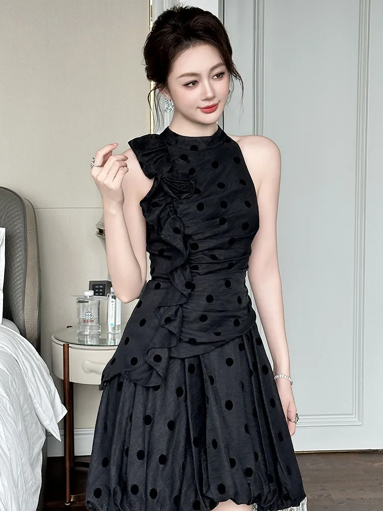 A-Leibniz Summer women's French style pure desire design with ruffled edges and fluffy A-line polka dot dress in black 65314
A-Leibniz Summer women's French style pure desire design with ruffled edges and fluffy A-line polka dot dress in black 65314