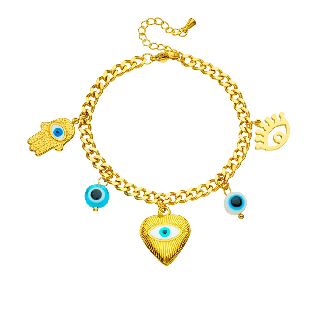 Vintage Heart Evil Eye Hand of Fatima Charm Bracelet Female Gold Color Stainless Steel Cuban Chain Bracelet for Women Jewelry
Vintage Heart Evil Eye Hand of Fatima Charm Bracelet Female Gold Color Stainless Steel Cuban Chain Bracelet for Women Jewelry