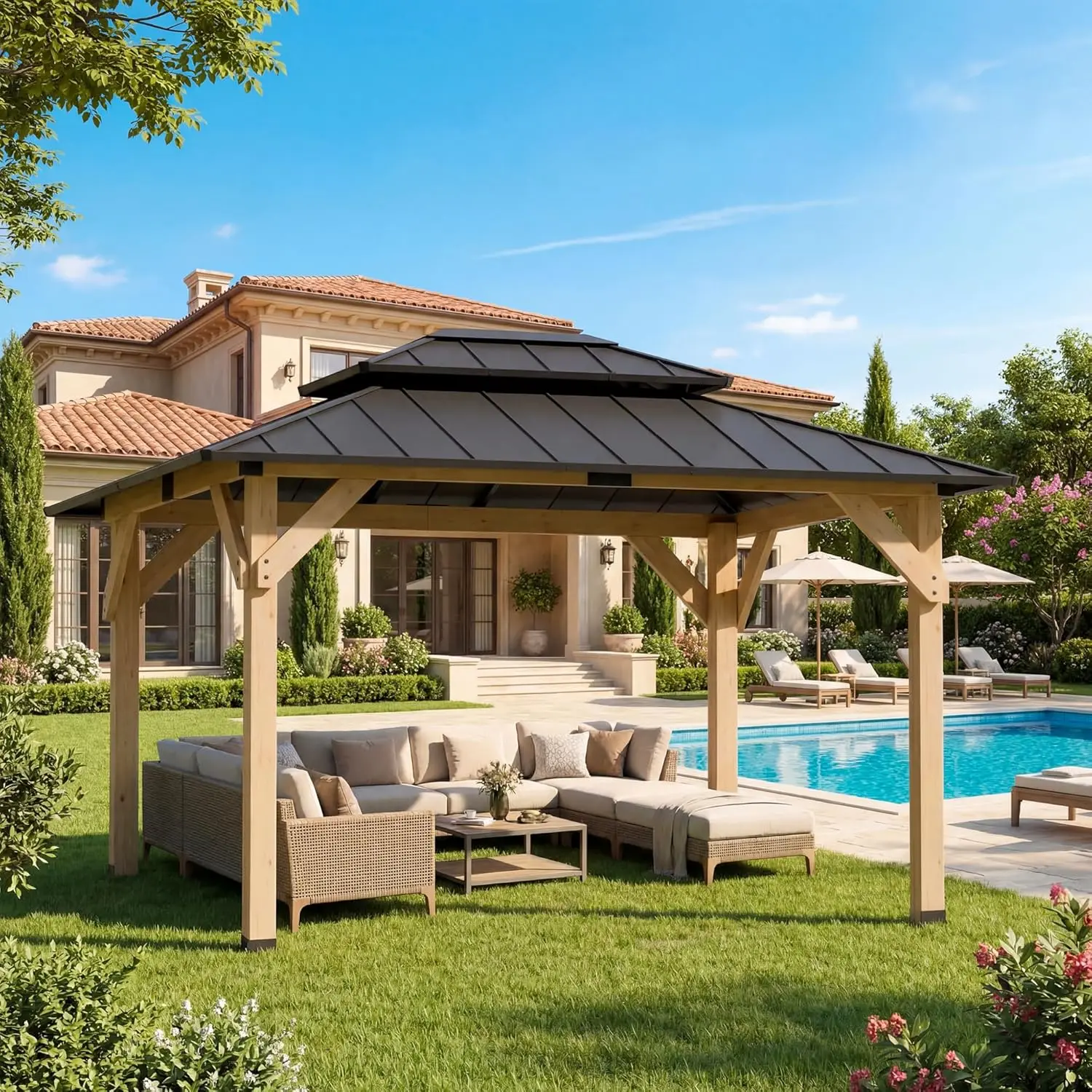 Cedar Wood Gazebo Steel Hardtop Rustproof Ventilated Patio Shelter Garden Deck 10x12ft, Customized
Cedar Wood Gazebo Steel Hardtop Rustproof Ventilated Patio Shelter Garden Deck 10x12ft, Customized