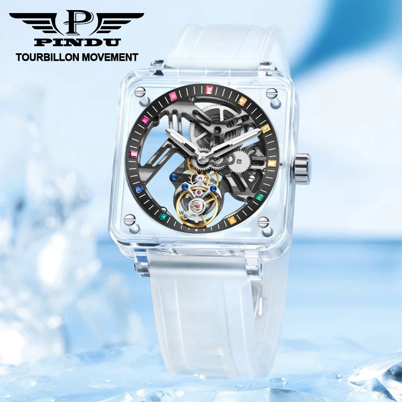PINDU Design New Sapphire Mirror Men Watch Pure Tourbillon Movement Transparent Case Rubber Strap Waterproof Mechanical Watch
PINDU Design New Sapphire Mirror Men Watch Pure Tourbillon Movement Transparent Case Rubber Strap Waterproof Mechanical Watch