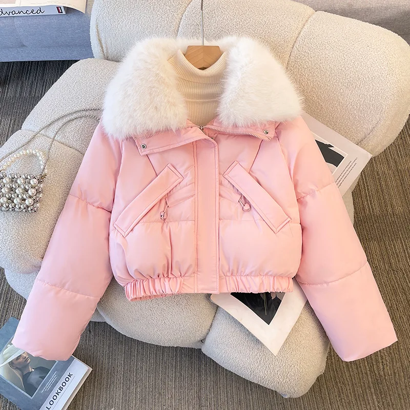Winter Thickened Warm Loose Fur Collar Down Cotton Coat Fashion Button Pocket Outerwear Women's Zipper Short Jacket
Winter Thickened Warm Loose Fur Collar Down Cotton Coat Fashion Button Pocket Outerwear Women's Zipper Short Jacket