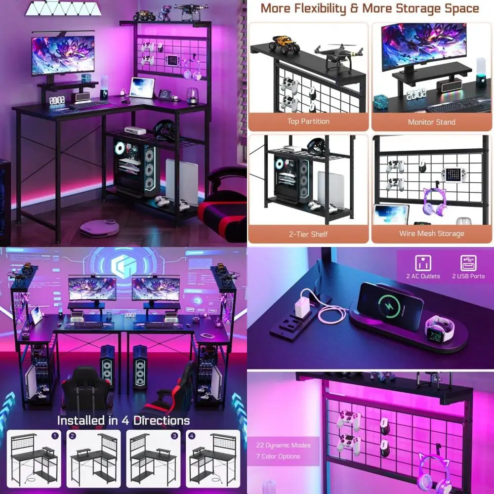 Угловой игровой стол со светодиодной подсветкой и двухуровневыми полками и перфорированной доской для эффективности домашнего офиса
Угловой игровой стол со светодиодной подсветкой и двухуровневыми полками и перфорированной доской для эффективности домашнего офиса