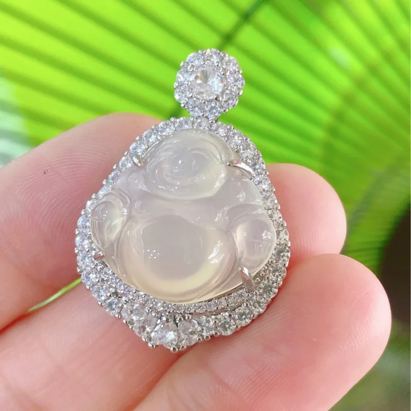 White Transparent Chalcedony Maitreya Pendant Silver Plated Inlaid Jade Laughing Buddha Style Jewelry
White Transparent Chalcedony Maitreya Pendant Silver Plated Inlaid Jade Laughing Buddha Style Jewelry