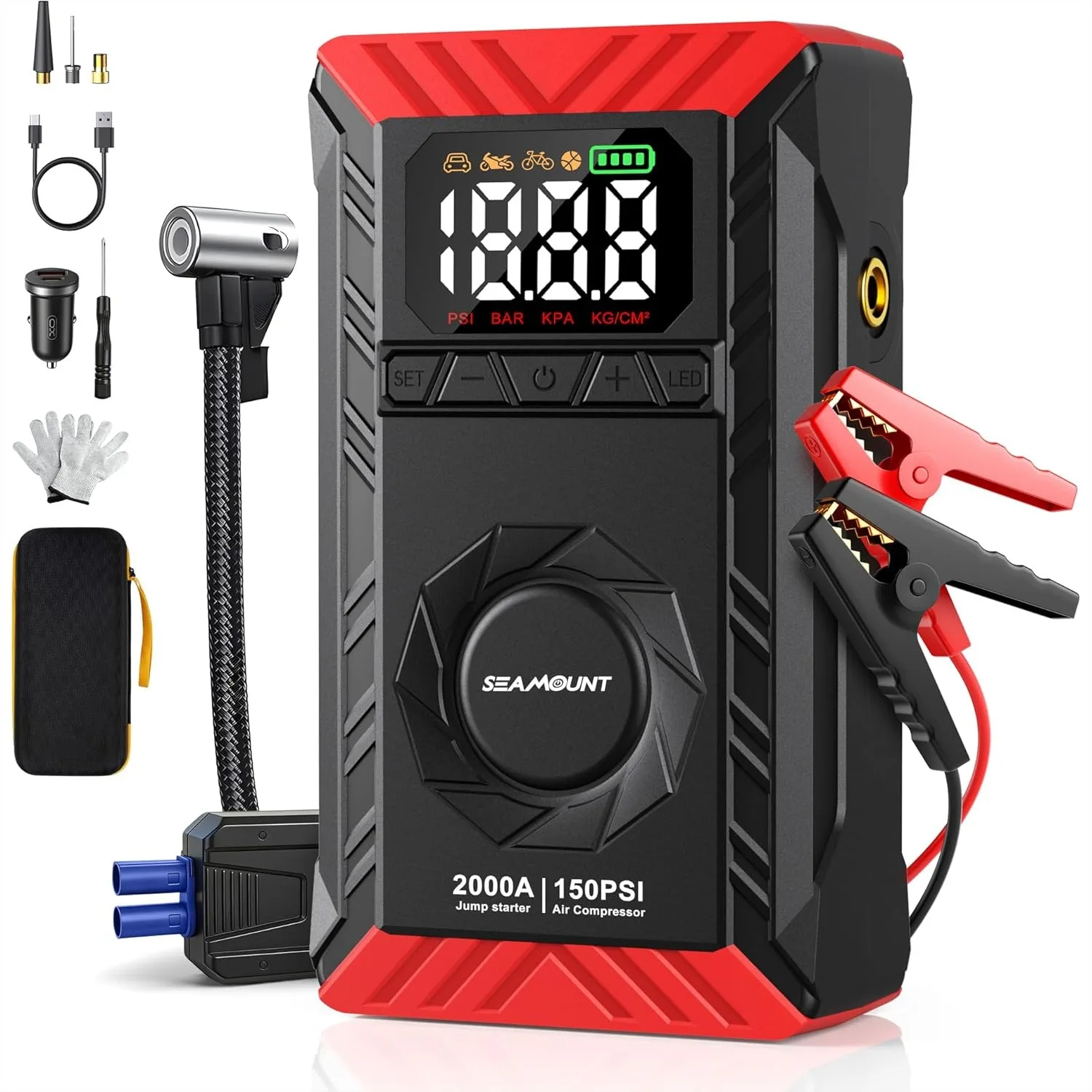 2000A Jump Starter with Air Compressor, Portable Car Battery Booster Pack for 6L Gas/3L Diesel, 150PSI Tire Inflator, LED Light
2000A Jump Starter with Air Compressor, Portable Car Battery Booster Pack for 6L Gas/3L Diesel, 150PSI Tire Inflator, LED Light
