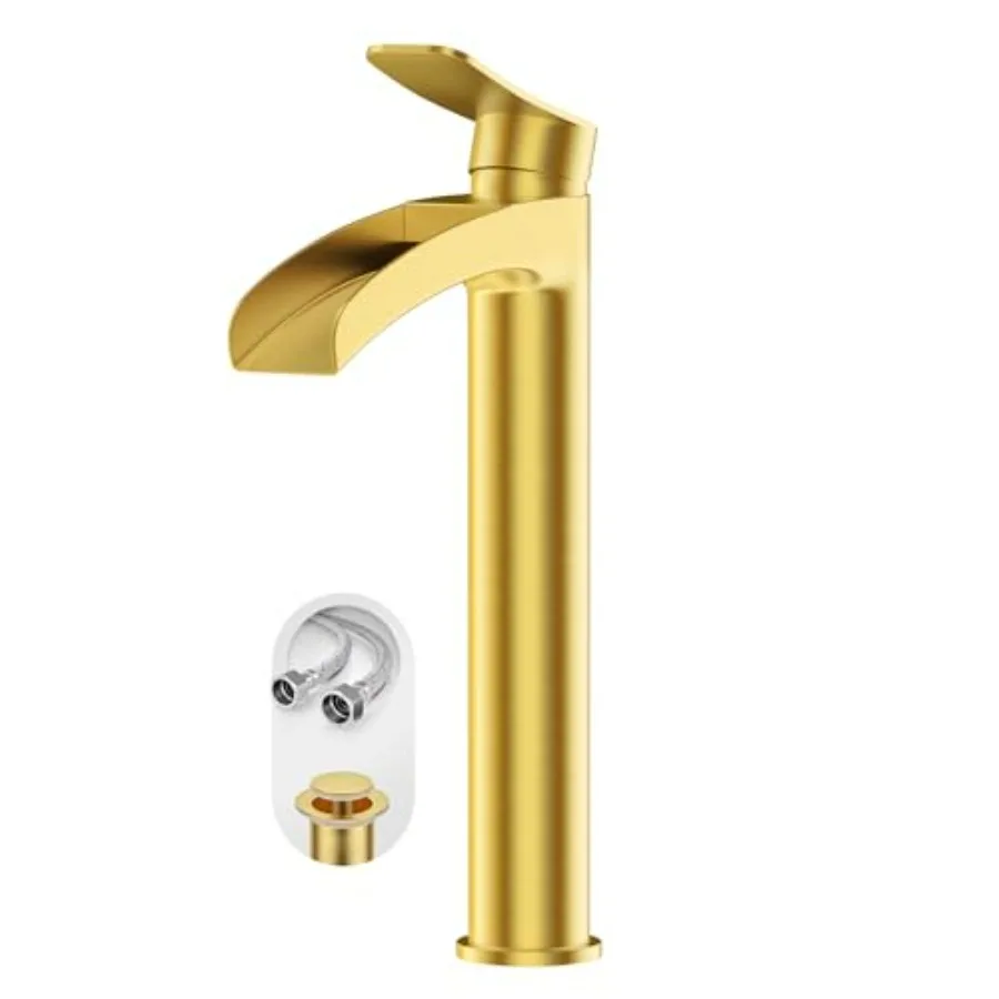 Brushed Gold Tall Bathroom Vessel Sink Faucet Single Hole Single Handle Waterfall Modern Bathroom Faucet with Pop Up Drain and
Brushed Gold Tall Bathroom Vessel Sink Faucet Single Hole Single Handle Waterfall Modern Bathroom Faucet with Pop Up Drain and