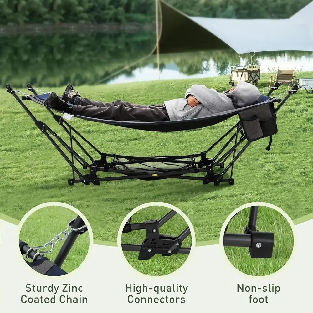 Portable Hammock Stand Bed, Foldable Outdoor Lounge for Camping, Patio, Garden, Beach, Lawn, Porch with Pillow, Storage and Cup
Portable Hammock Stand Bed, Foldable Outdoor Lounge for Camping, Patio, Garden, Beach, Lawn, Porch with Pillow, Storage and Cup