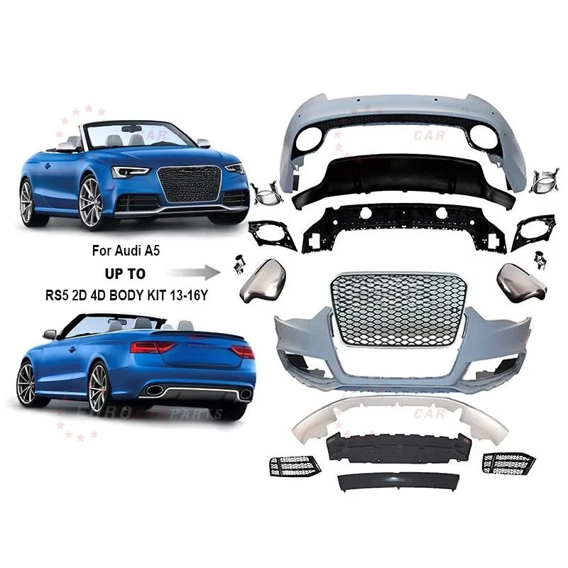 Комплект внешних аксессуаров STLF для Audi A5 2013-2016: обновление до стиля RS5 – передний бампер, решетка радиатора, задний бампер (для 2-х или 4-дверных моделей)
Комплект внешних аксессуаров STLF для Audi A5 2013-2016: обновление до стиля RS5 – передний бампер, решетка радиатора, задний бампер (для 2-х или 4-дверных моделей)