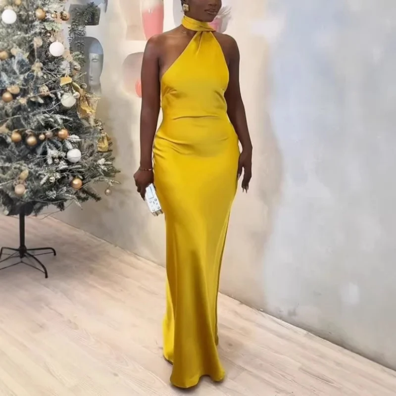 Elegant Off-Shoulder Halter Maxi Dress for Women Sleeveless Backless Slim Fit Summer Autumn Party Robe Solid Color
Elegant Off-Shoulder Halter Maxi Dress for Women Sleeveless Backless Slim Fit Summer Autumn Party Robe Solid Color