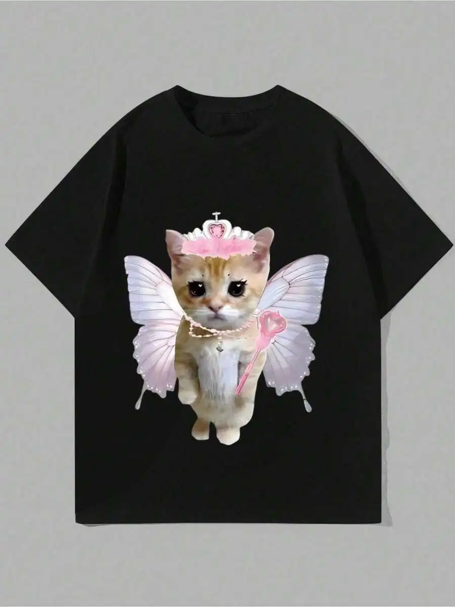 Womens Black Short Sleeve Crew Neck T-Shirt With Fairy Cat Graphic Print
Womens Black Short Sleeve Crew Neck T-Shirt With Fairy Cat Graphic Print
