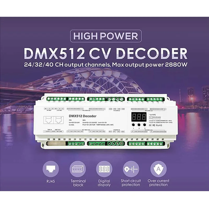 DIN Rail High Power DMX512 Constant Voltage Decoder Control Constant Voltage Single Color, Color Temperature, RGB, RGBW, RGBWY
DIN Rail High Power DMX512 Constant Voltage Decoder Control Constant Voltage Single Color, Color Temperature, RGB, RGBW, RGBWY