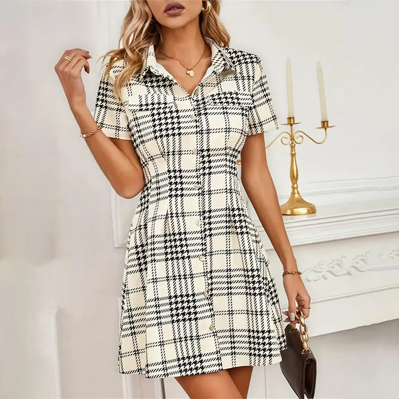 Printed Shirt Skirt, Short Sleeved Waist Cinched, Thousand Bird Plaid Short Dress, With A High-End Feel For Spring And Summer
Printed Shirt Skirt, Short Sleeved Waist Cinched, Thousand Bird Plaid Short Dress, With A High-End Feel For Spring And Summer