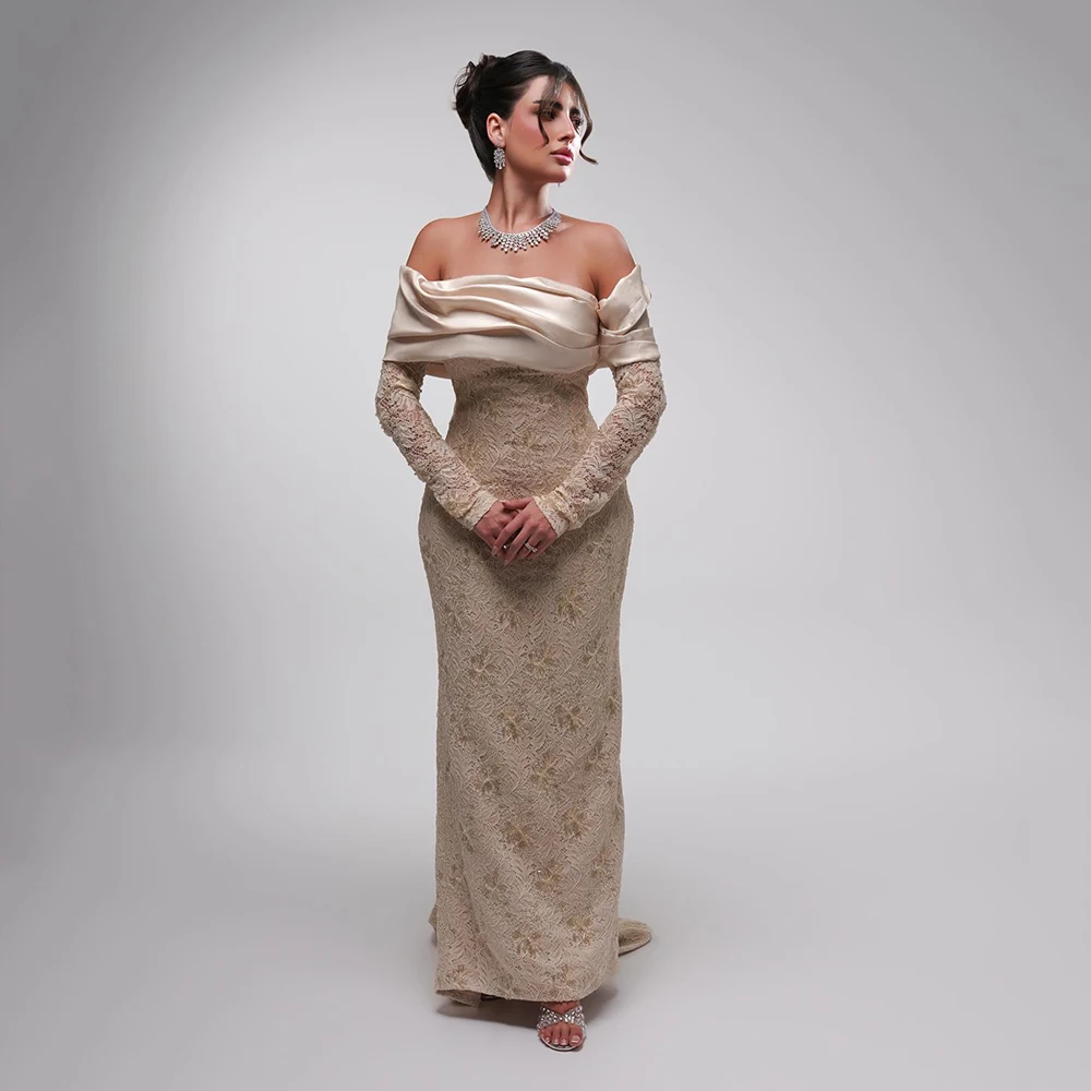 Customized Off the Shoulder Champagne Lace Evening Dress Full Sleeves With Sweep Train Party Dress Ankle Length Prom Gown
Customized Off the Shoulder Champagne Lace Evening Dress Full Sleeves With Sweep Train Party Dress Ankle Length Prom Gown
