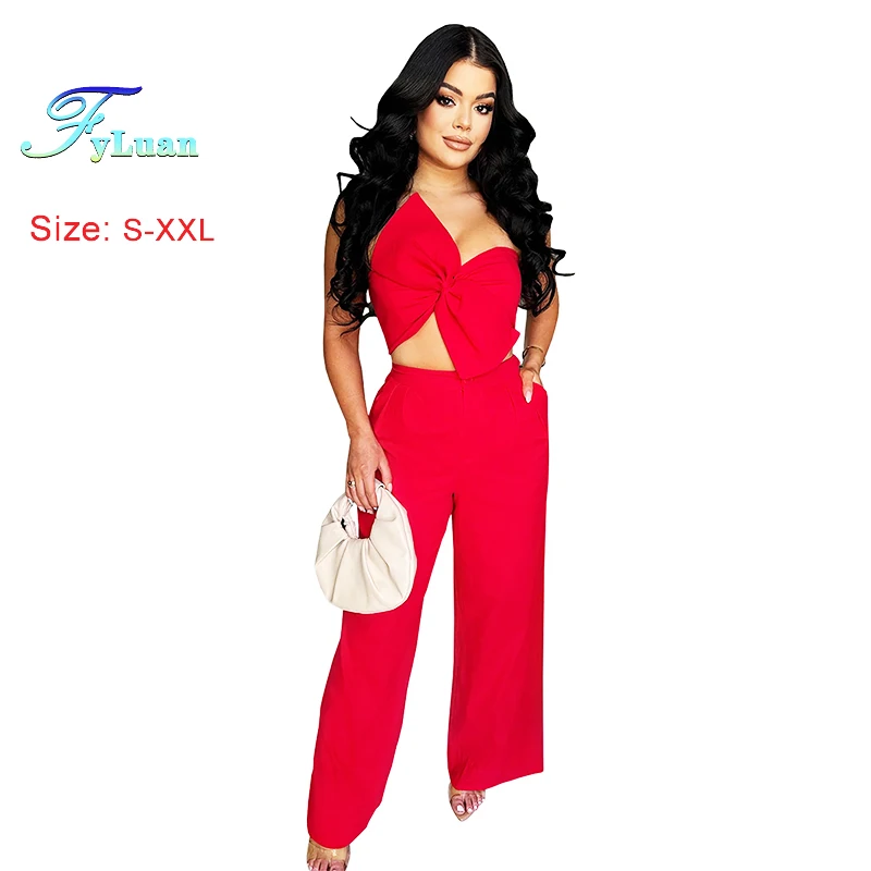 Fashion Women Pants Two-Piece Set Big Bowknot Wrap Bust Top Casual Wide Legs Pants Ladies Sets Daily High Street Travel Clothes
Fashion Women Pants Two-Piece Set Big Bowknot Wrap Bust Top Casual Wide Legs Pants Ladies Sets Daily High Street Travel Clothes