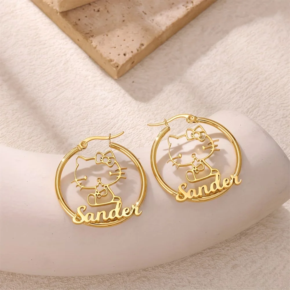 Custom Name Hello Kitty Hoop Earrings Personalized Sanrio KT Cat Stainless Steel Kawaii Cartoon Jewelry Gift For Women Girls
Custom Name Hello Kitty Hoop Earrings Personalized Sanrio KT Cat Stainless Steel Kawaii Cartoon Jewelry Gift For Women Girls