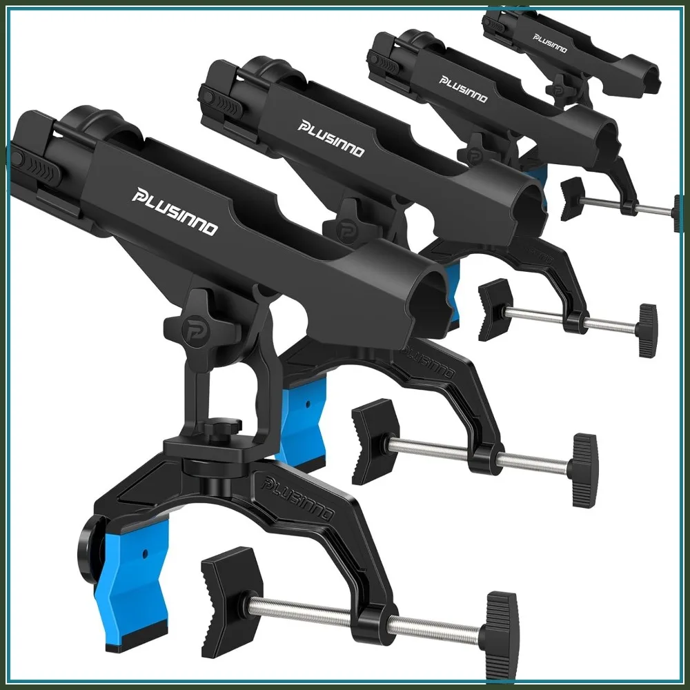 Boat Fishing Rod Holders, Dual-V Clamp for Round/Square Rails, Secure Strap, 360° Rotation, Easy Install