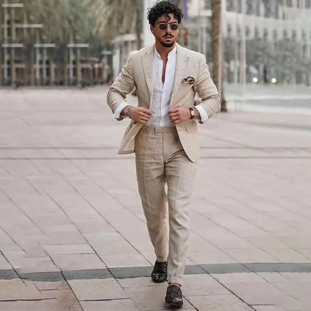 Linen Men Suits 2 Pieces Casual Beige Single Breasted Slim Fit Notch Lapel Blazer Wedding Groom Summer Jacket +Pants Customized
Linen Men Suits 2 Pieces Casual Beige Single Breasted Slim Fit Notch Lapel Blazer Wedding Groom Summer Jacket +Pants Customized