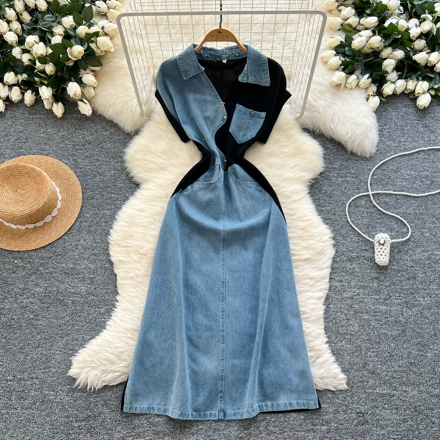 Women Turn-down Collar Sleeveless Single Breasted Summer Slimming Patchwork Temperament Casual Midi Jeans Dress
Women Turn-down Collar Sleeveless Single Breasted Summer Slimming Patchwork Temperament Casual Midi Jeans Dress