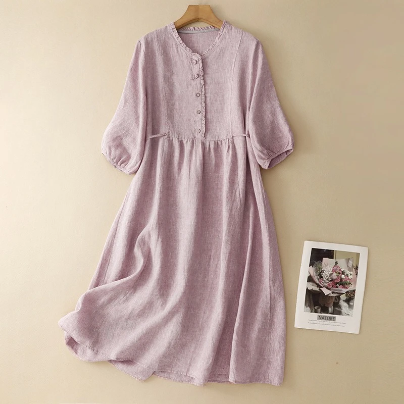 Women Dresses Solid Dress Button Round Neck Three Quarter Sleeves Ankle Length Slight Strech Loose Fit Casual 2026 Spring Summer
Women Dresses Solid Dress Button Round Neck Three Quarter Sleeves Ankle Length Slight Strech Loose Fit Casual 2026 Spring Summer