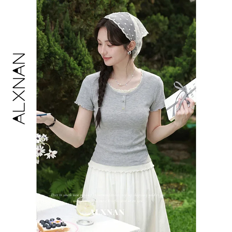ALXNAN Women's Grey T-shirt Mock Two-piece Crew Neck with Ruffle Trim Knit Short Sleeve T-shirt Slim-fit New Summer Tops L65867A
ALXNAN Women's Grey T-shirt Mock Two-piece Crew Neck with Ruffle Trim Knit Short Sleeve T-shirt Slim-fit New Summer Tops L65867A