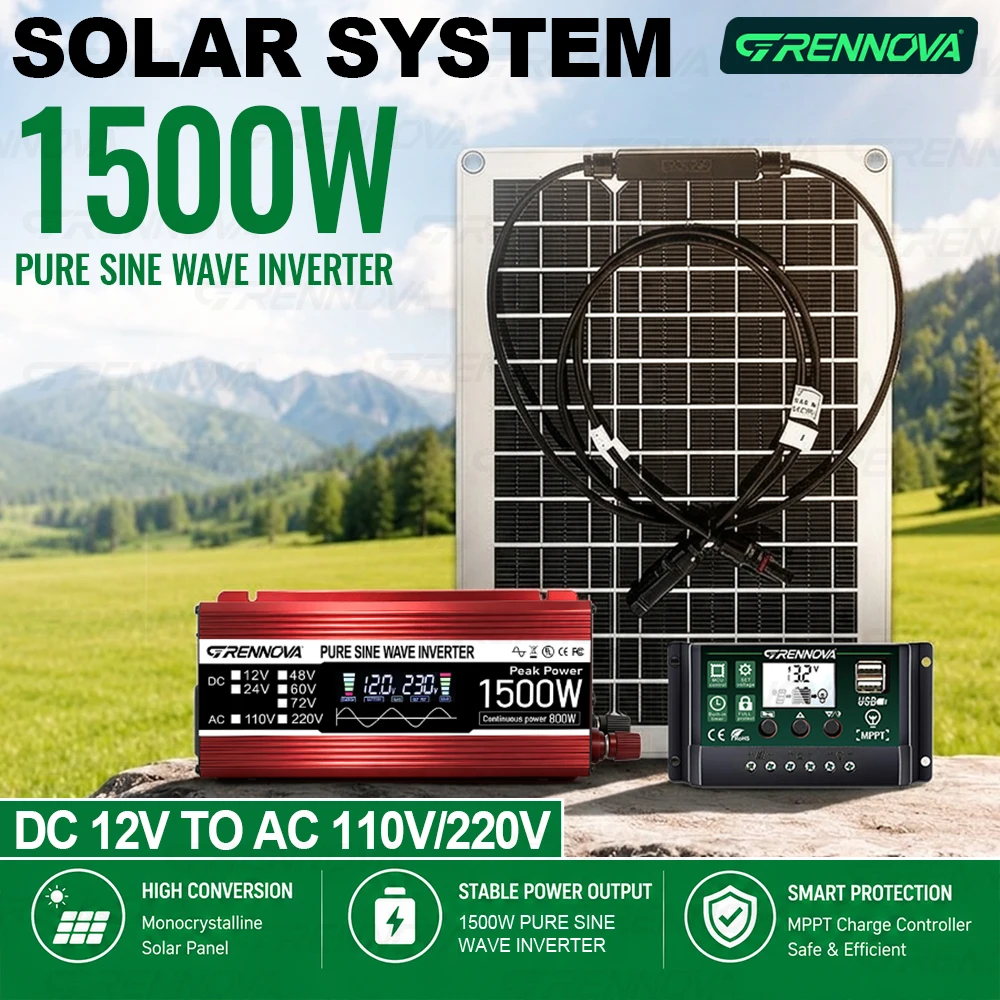 Solar Power Kit 50W Panel 60A Controller Pure Sine Wave Inverter (Peak 1500W, Continuous 800W) 12V To 110V/220V for Home & RV
Solar Power Kit 50W Panel 60A Controller Pure Sine Wave Inverter (Peak 1500W, Continuous 800W) 12V To 110V/220V for Home & RV