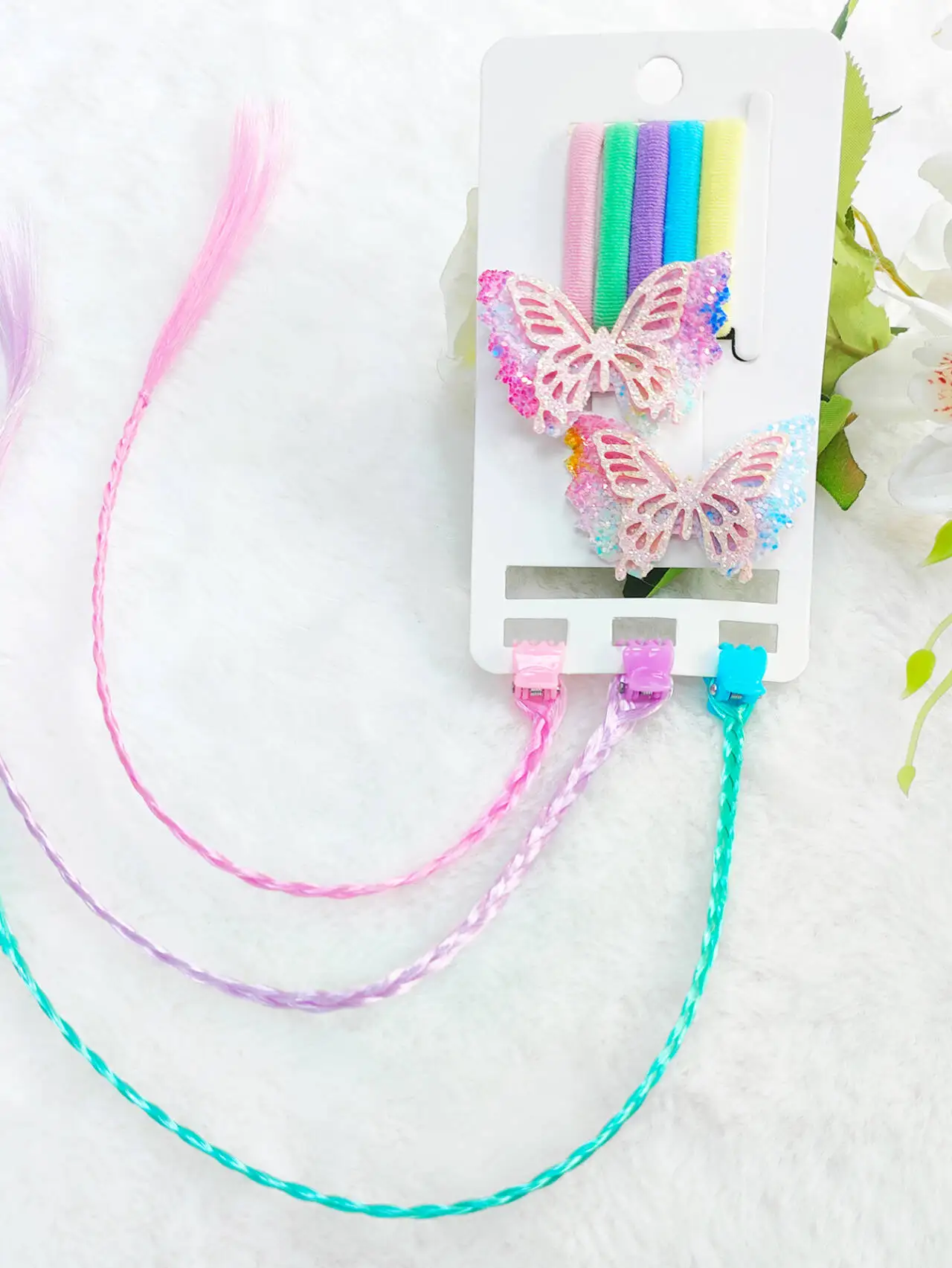 Stylish ans sweet hair accessories set with multi-colored rubber band clips and synthetic braid grips for girls and women
Stylish ans sweet hair accessories set with multi-colored rubber band clips and synthetic braid grips for girls and women
