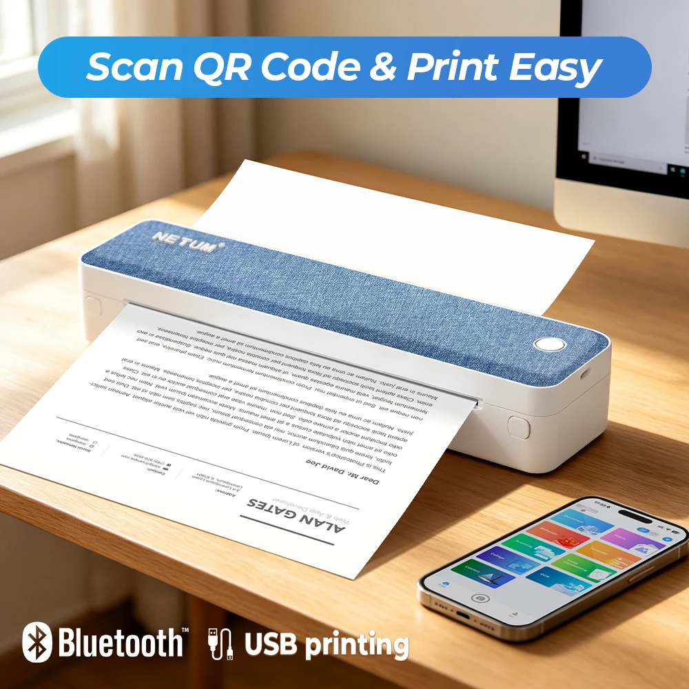 Portable A4 Printer Inkless Bluetooth Mobile Printer for iPhone iPad Laptop PC Letter Size Document & Photo Mini Printer