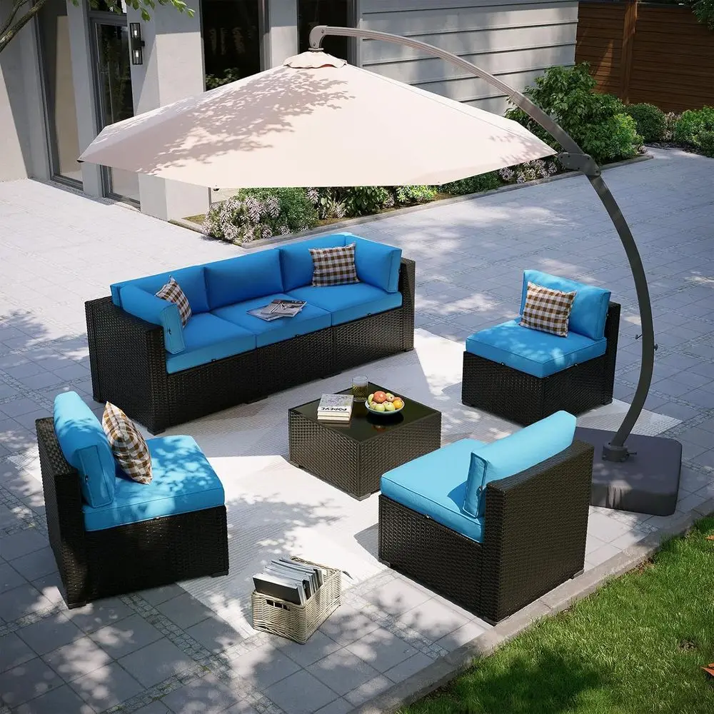 8-Piece Outdoor Sectional Sofa Set with Umbrella in Peacock Blue for Patio and Garden
8-Piece Outdoor Sectional Sofa Set with Umbrella in Peacock Blue for Patio and Garden
