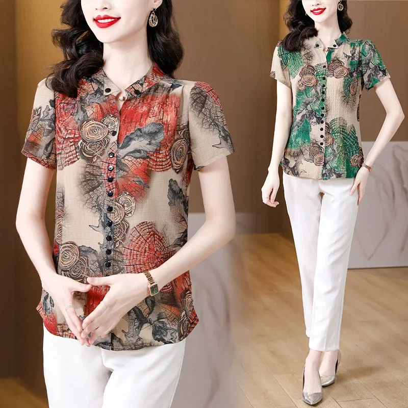 Women's Clothing Korean Fashion Vintage Print Elegant Button Up Shirt Summer V Neck Short Sleeve Blouse Cotton Linen Tops Blusas
Women's Clothing Korean Fashion Vintage Print Elegant Button Up Shirt Summer V Neck Short Sleeve Blouse Cotton Linen Tops Blusas