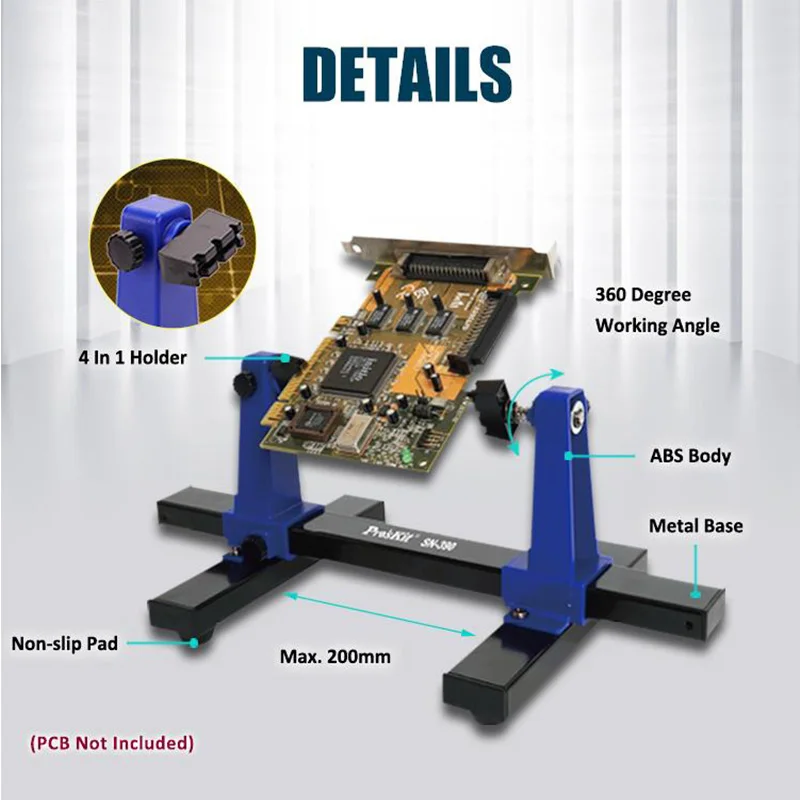 Pro'sKit SN-390 Adjustable PCB Holder 360 ° Rotation Printed Circuit Board Jig Soldering Assembly Stand Clamp Repair Tools
Pro'sKit SN-390 Adjustable PCB Holder 360 ° Rotation Printed Circuit Board Jig Soldering Assembly Stand Clamp Repair Tools