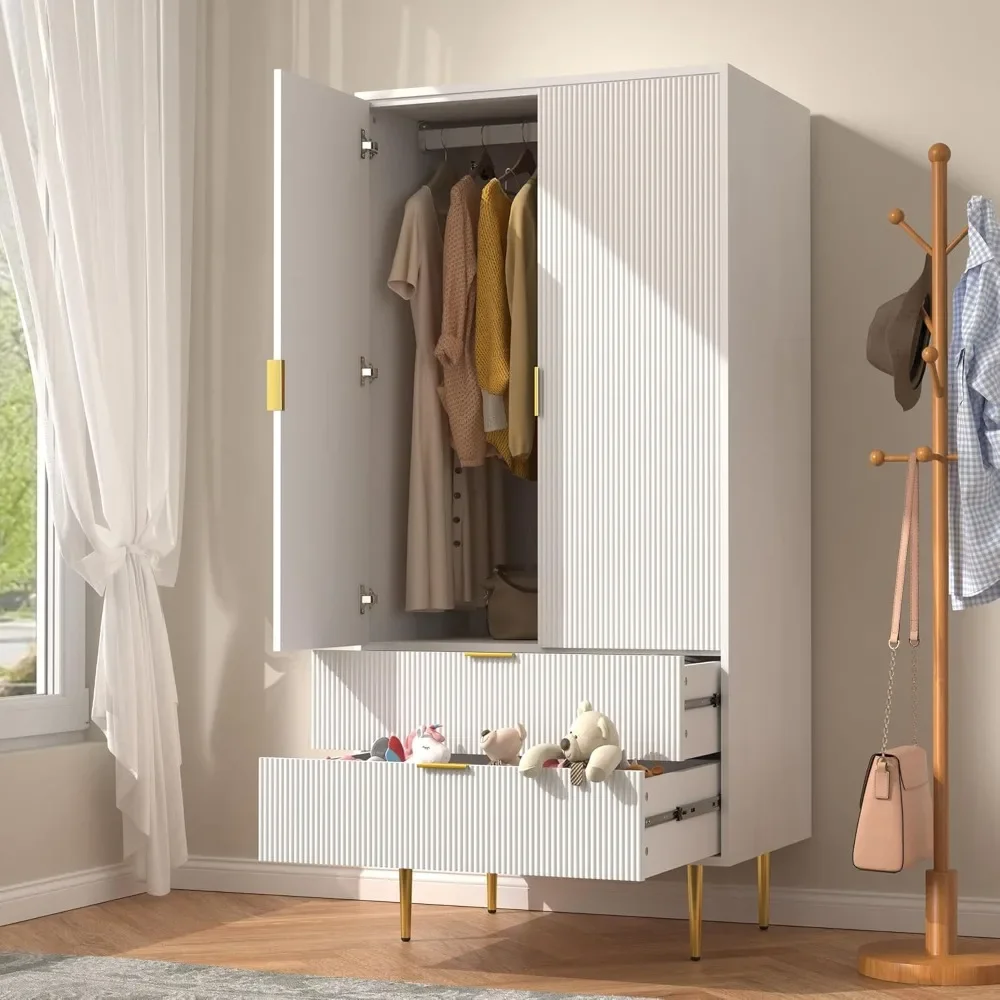 Wardrobe Modern White Armoire Closet 71" H x 33" W x 23" D with 2 Doors and 2 Drawers, Hanging Rail, Functional Clothes Storage
Wardrobe Modern White Armoire Closet 71" H x 33" W x 23" D with 2 Doors and 2 Drawers, Hanging Rail, Functional Clothes Storage