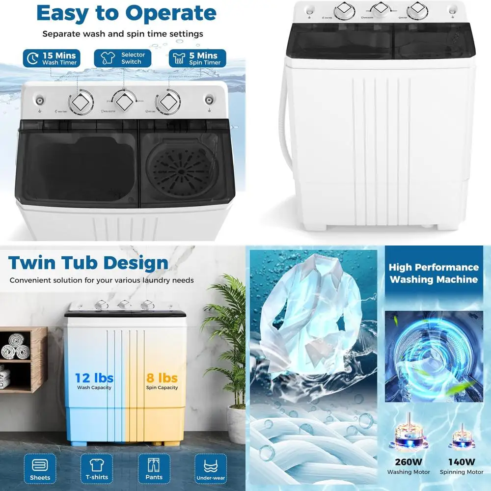 Compact 20Lb Twin-Tub Portable Washer with 12Lb Wash and 8Lb Spin, Ideal for Dorms and RVs, Durable Design in Black and White
Compact 20Lb Twin-Tub Portable Washer with 12Lb Wash and 8Lb Spin, Ideal for Dorms and RVs, Durable Design in Black and White