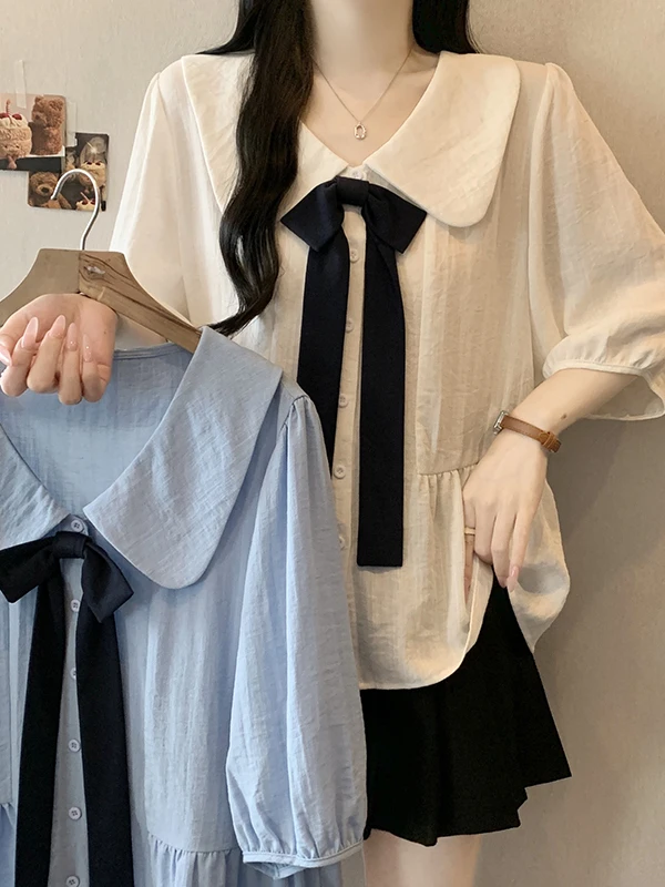 Sweet Style Short Sleeve Doll Collar Shirt with 3D Knot for plus Size Women Summer New Korean Style Female Top
Sweet Style Short Sleeve Doll Collar Shirt with 3D Knot for plus Size Women Summer New Korean Style Female Top