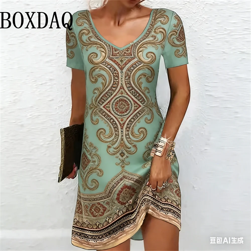 Vintage Ethnic Pattern 3D Print Dresses For Women 2026 Summer Plus Size Clothing Fashion Short Sleeve Casual V-Neck Loose Dress
Vintage Ethnic Pattern 3D Print Dresses For Women 2026 Summer Plus Size Clothing Fashion Short Sleeve Casual V-Neck Loose Dress
