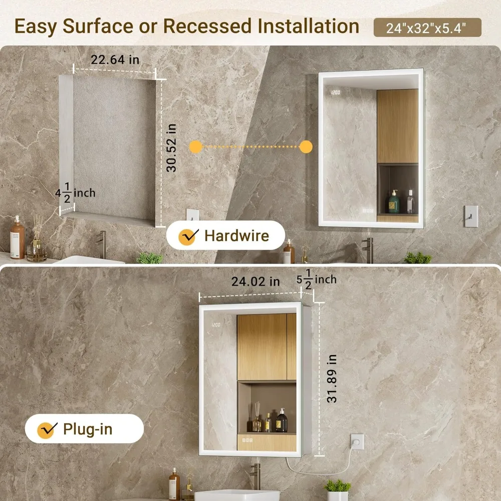 24x32 Front & Backlit Medicine Cabinet with LED Lights, 155°Soft-Close Hinge, Surface or Recessed Dimmable Lighted, Customized
24x32 Front & Backlit Medicine Cabinet with LED Lights, 155°Soft-Close Hinge, Surface or Recessed Dimmable Lighted, Customized