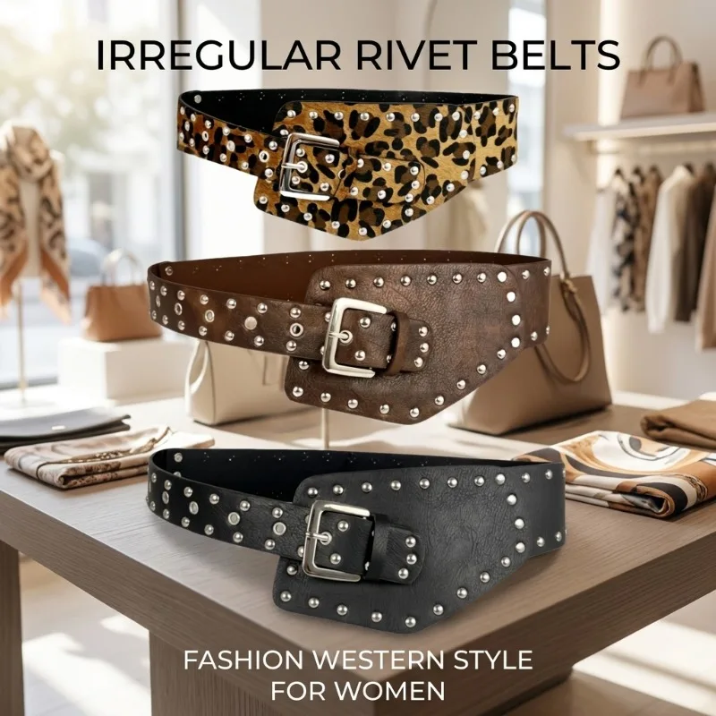 Fashion Western Style Rivet Belt for Women, Irregular Wide Waist Belt with Leopard Print, Adjustable Jeans Belt for Retro
Fashion Western Style Rivet Belt for Women, Irregular Wide Waist Belt with Leopard Print, Adjustable Jeans Belt for Retro