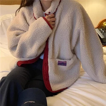 SimpleWinterReversible Color BlockingLamb WoolLoose-FitCasualWarmShort 자켓 여성용 통근 스타일 싱글 브레스트
