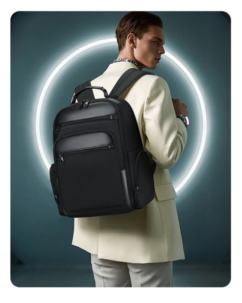 Black multi zipper business laptop backpack with leather accents water resistant fabric suitable for office commute work trips
Black multi zipper business laptop backpack with leather accents water resistant fabric suitable for office commute work trips