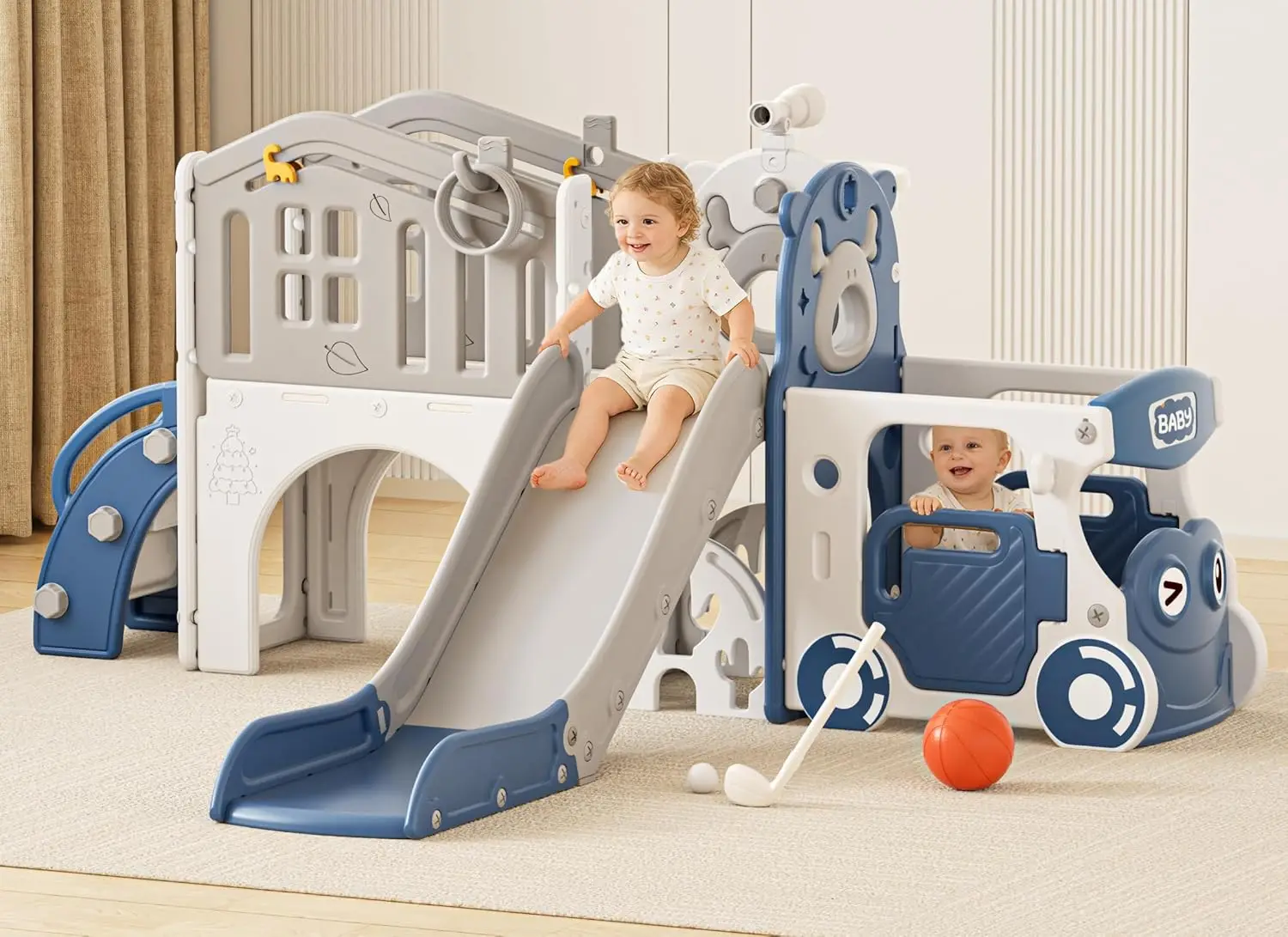 10 in 1 Toddler Slide for 1-3 Year Olds, Kids Play Climber with Basketball Hoop & Ball, Indoor Outdoor Playground (Blue, Large)
10 in 1 Toddler Slide for 1-3 Year Olds, Kids Play Climber with Basketball Hoop & Ball, Indoor Outdoor Playground (Blue, Large)