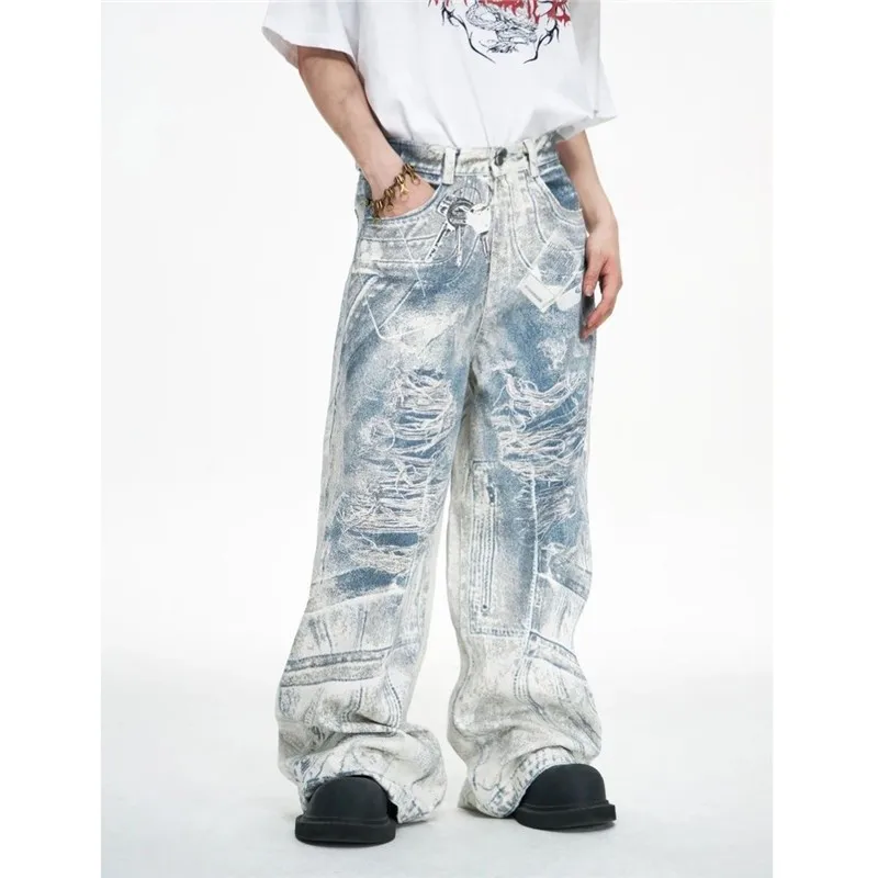 Американские ретро джинсы с 3D принтом Blade, мужские свободные утягивающие повседневные широкие брюки High Street, длинные брюки прямого кроя 
Американские ретро джинсы с 3D принтом Blade, мужские свободные утягивающие повседневные широкие брюки High Street, длинные брюки прямого кроя