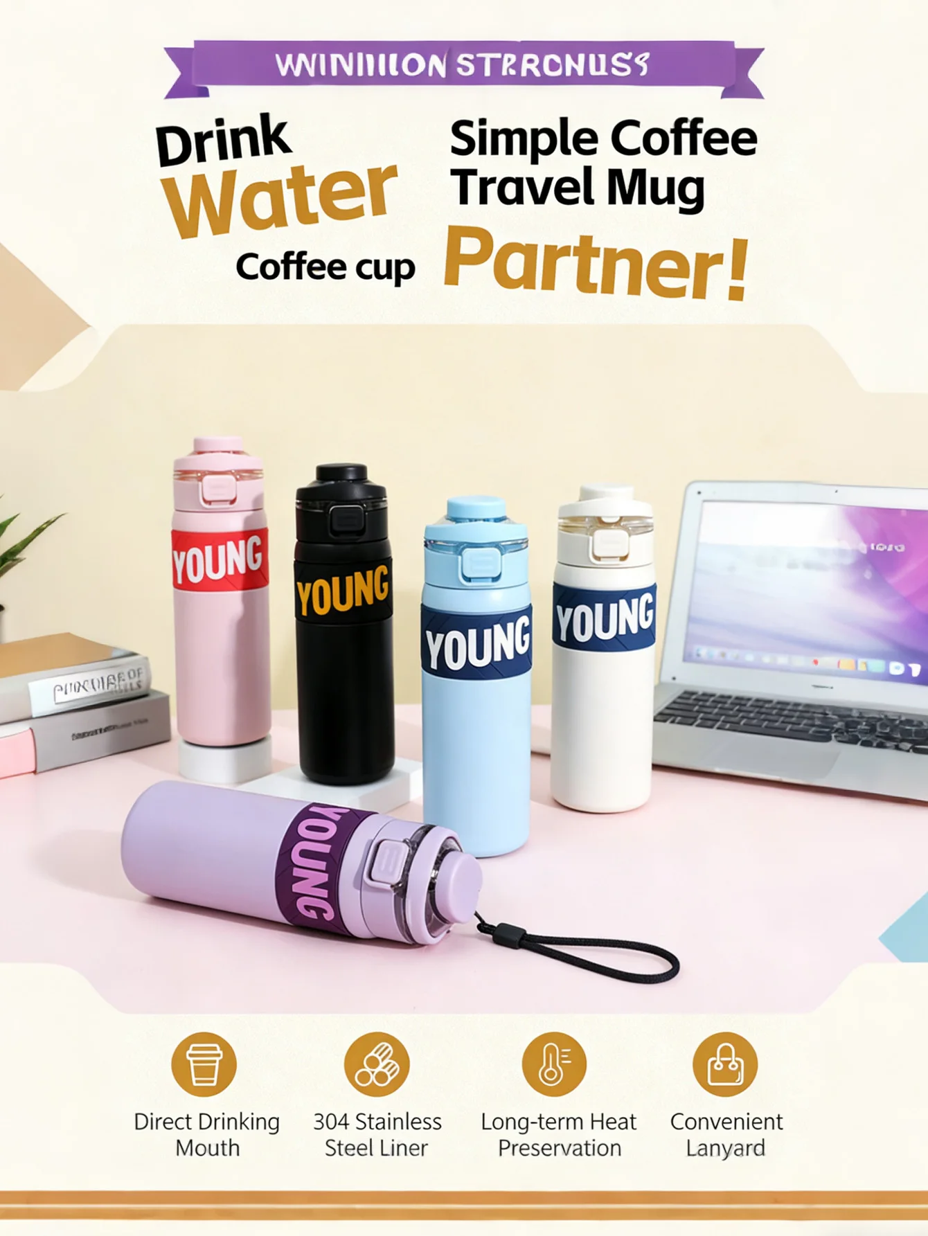 One-touch open, single-hand portable travel cup with pop-up lid, food-grade liner, and leak-proof seal
One-touch open, single-hand portable travel cup with pop-up lid, food-grade liner, and leak-proof seal