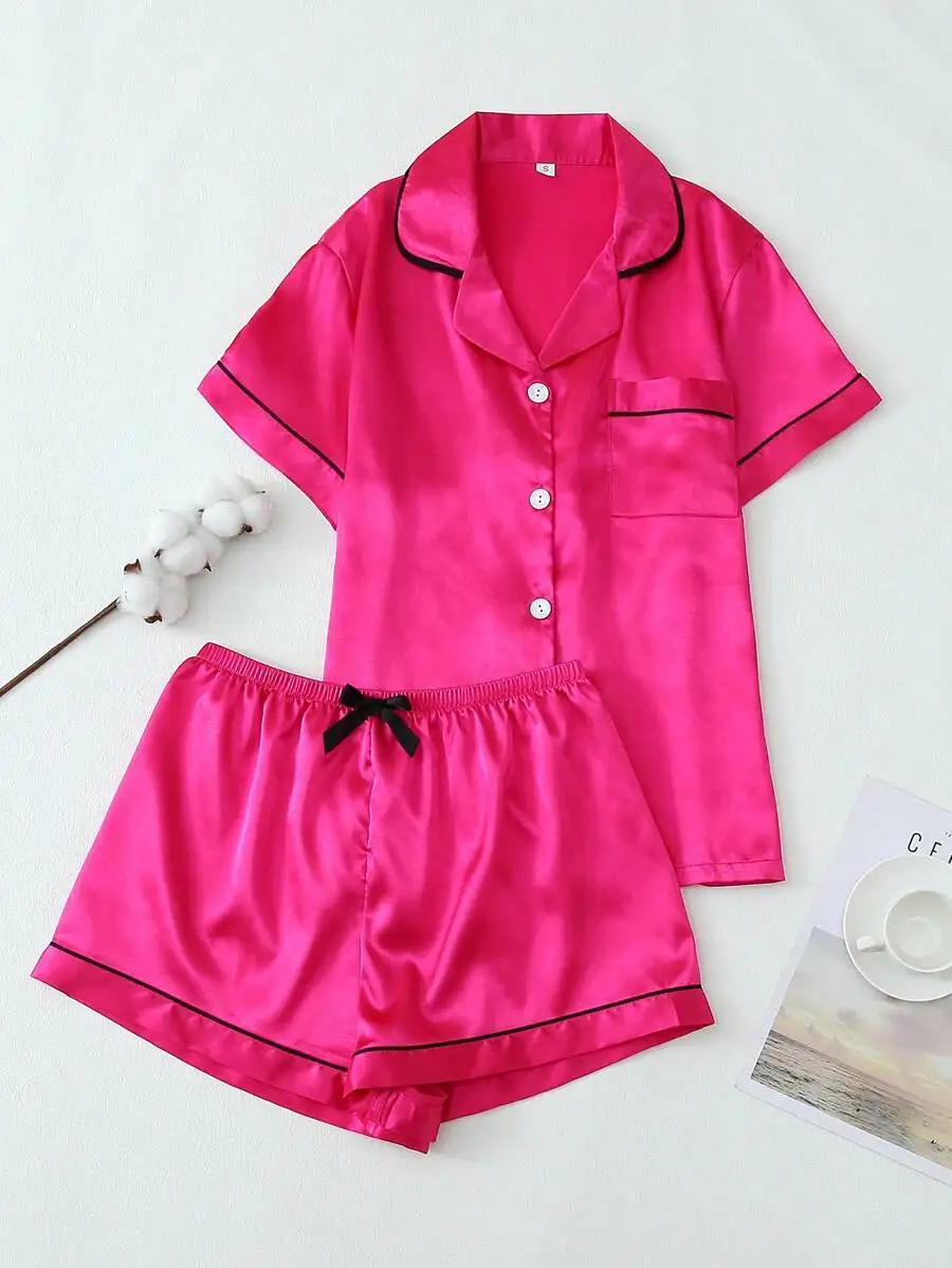 Womens Satin Pajama Set Short Sleeve Turn-Down Collar Top And Bow Shorts
Womens Satin Pajama Set Short Sleeve Turn-Down Collar Top And Bow Shorts